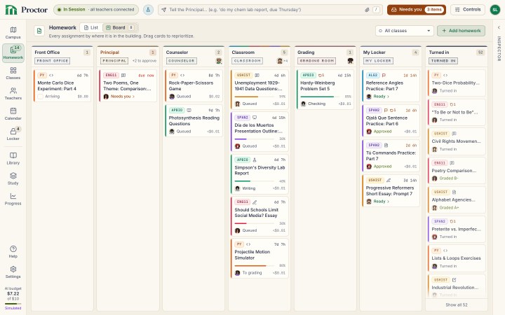 Proctor's Homework Board: seven columns, Front Office, Principal, Counselor, Classroom, Grading, My Locker and Turned in, each holding homework cards that show the class, time left until it is due, its status and what it cost