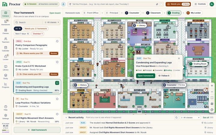 Proctor's Campus screen: your homework list, with Needs you 3 homework and Next 7 days 9 at the top and Tú Commands Practice: Part 2 selected; beside it the pixel-art school map, where that paper's card says Mme. Dubois finished a draft and it is waiting for the Grading Room, with the Principal's Office and My Locker marked as needing you; the recent activity feed runs below