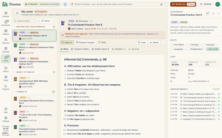 Proctor's My Locker: a math study guide from Mr. Okafor, Special Angles Review Sheet: Part 2, waiting for your approval with Approve and Request changes buttons, its table of exact sine, cosine and tangent values open in the Work tab, and its route, cost and announcements in the side panel