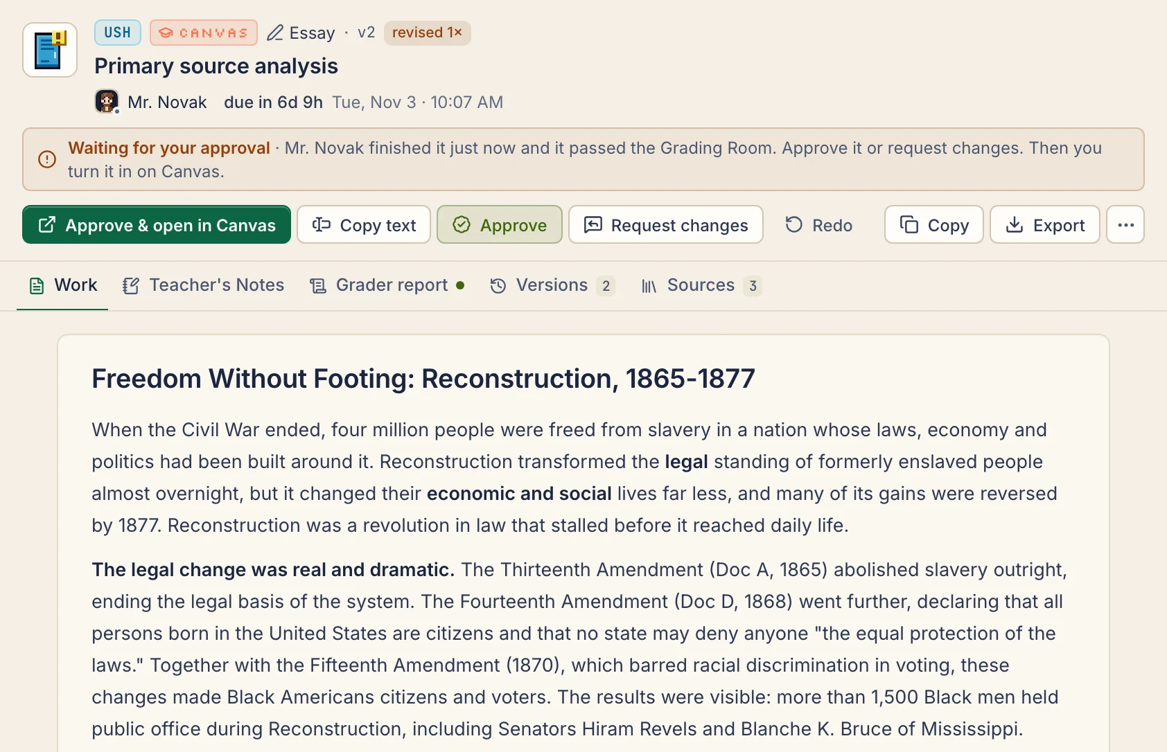 A US History essay, Primary source analysis for Mr. Novak, in My Locker, waiting for your approval after passing the Grading Room, with a green Approve and open in Canvas button above the finished essay