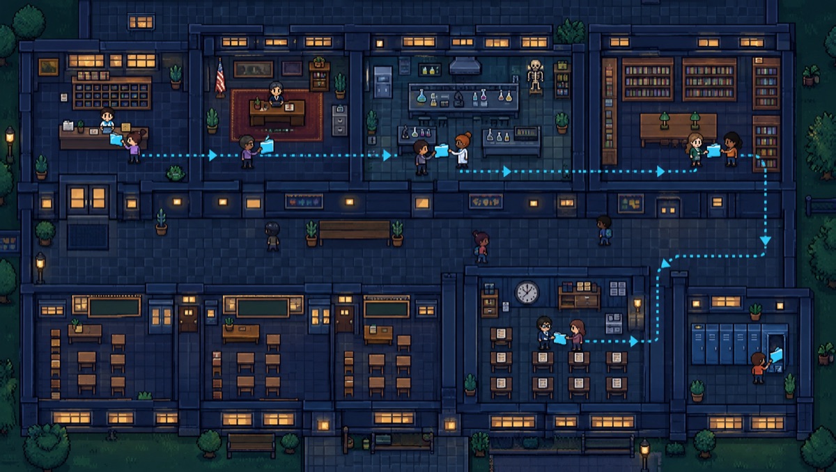 A cutaway of the school: one paper travels from the Front Office through the Principal's office, a classroom, the Library and the Grading Room to the lockers