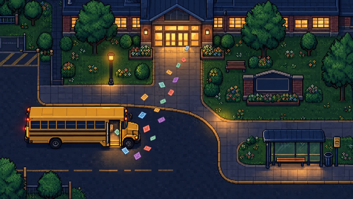 A yellow school bus at the school's front doors at night, papers fluttering toward the entrance