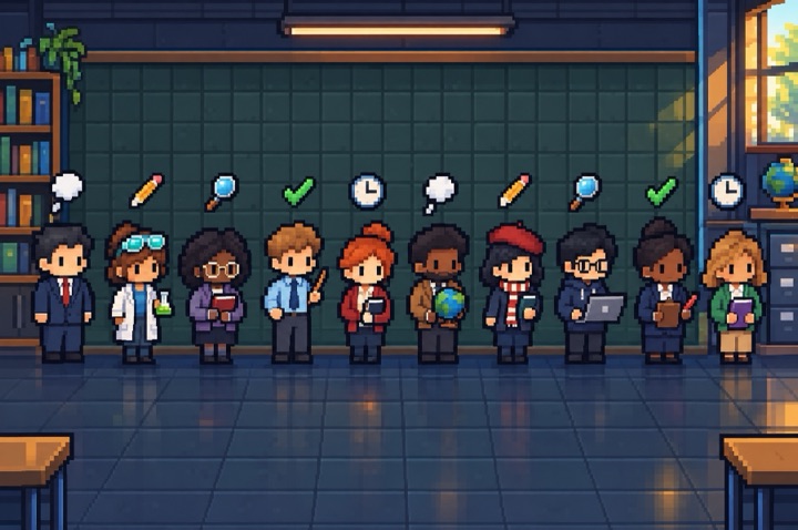 Ten pixel-art teachers lined up along a classroom wall, each with a small sign of their job above them