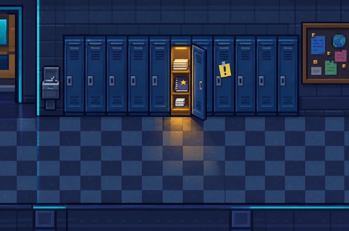 A row of blue lockers with one open and glowing, a finished notebook inside